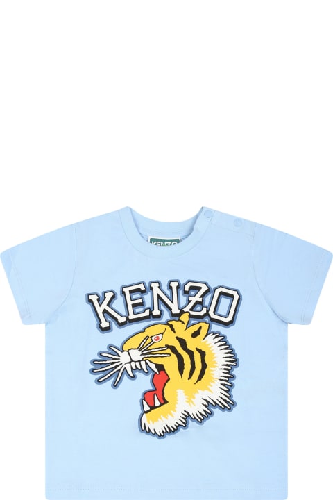 Kenzo Kids T-Shirts & Polo Shirts for Baby Girls Kenzo Kids Light Blue T-shirt For Baby Boy With Iconic Tiger And Logo