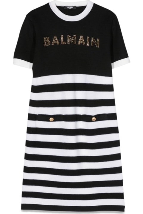 Dresses for Girls Balmain Logo Knit Dress And Stripes