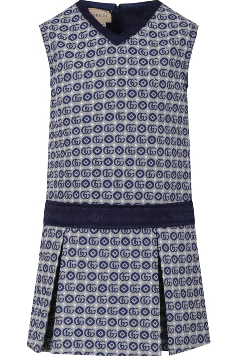 Gucci for Kids Gucci Blue Dress For Girl With Geometric Pattern And Double G