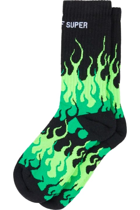 Clothing Sale for Men Vision of Super Black Socks With Triple Green Flame