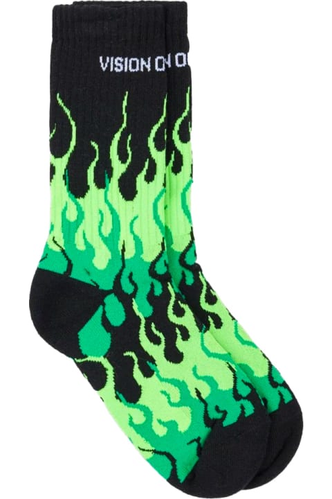 Clothing Sale for Men Vision of Super Black Socks With Triple Green Flame