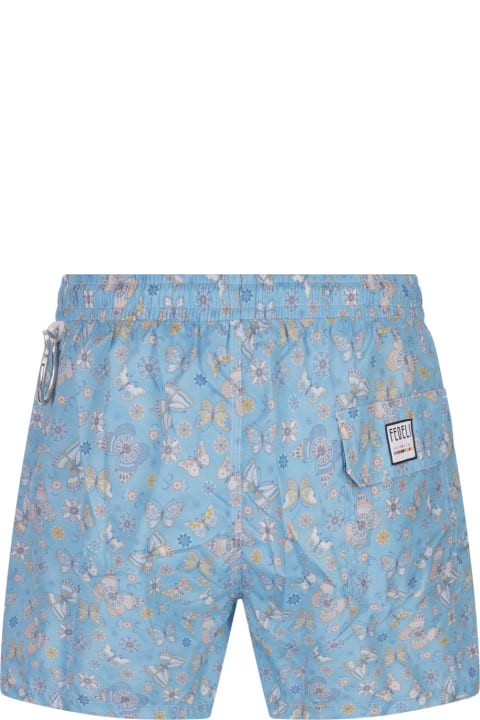 Fashion for Men Fedeli Sky Blue Swim Shorts With Butterfly Print