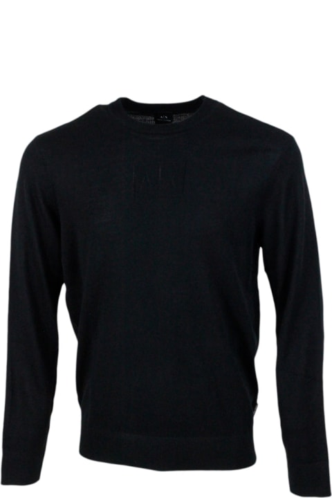 Lightweight Crew Neck Long Sleeve Sweater In Wool Blend With Embossed Logo