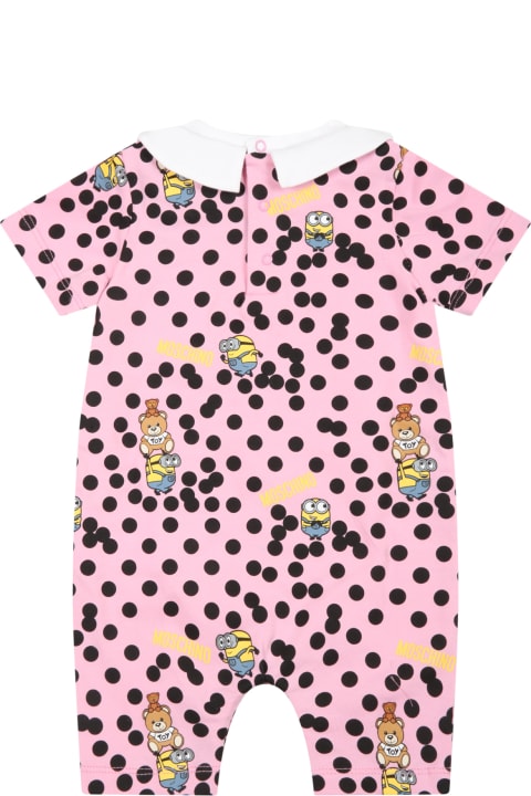 Pink Romper For Baby Girl With Logo And Minions