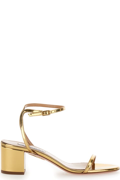 High-Heeled Shoes for Women Aquazzura 'olie' Gold Tone Sandals With Block Heel In Laminated Leather Woman