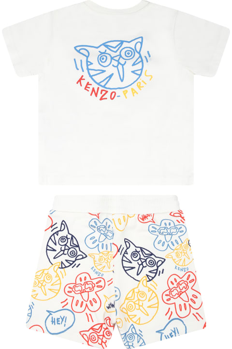 Kenzo Kids Bottoms for Baby Boys Kenzo Kids Ivory Suit For Baby Boy With Print And Logo