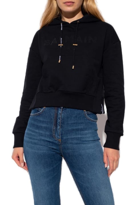 Fleeces & Tracksuits for Women Balmain Embellished Drawstring Cropped Hoodie