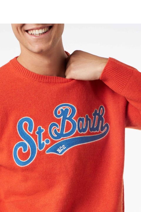 سترات صوف وبدل رياضية لـ القسم الرجالي MC2 Saint Barth Man Crewneck Orange Sweater With St. Barth Embroidery
