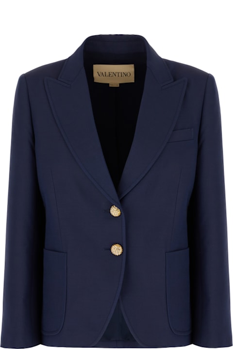 【関税&送料込】Valentino Garavani Navy Blue Wool Blazer Valentino Garavani Navy Double Tailored Wool Blazer Silver
