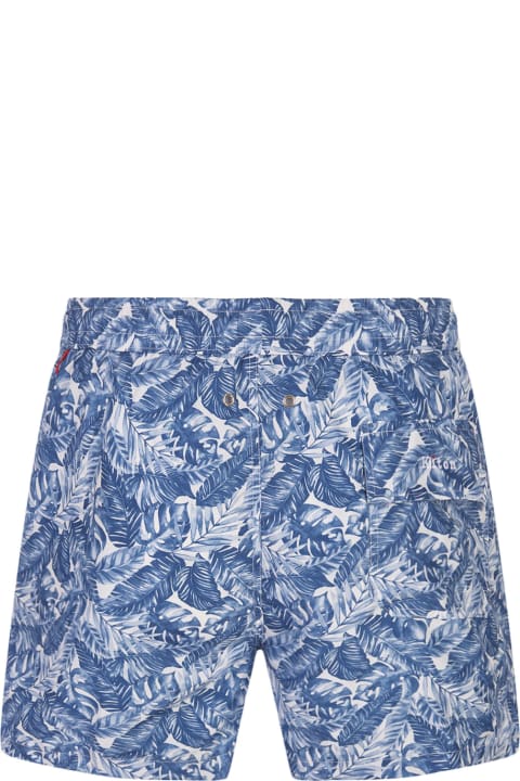 Swimwear for Men Kiton White Swim Shorts With Blue Foliage Print