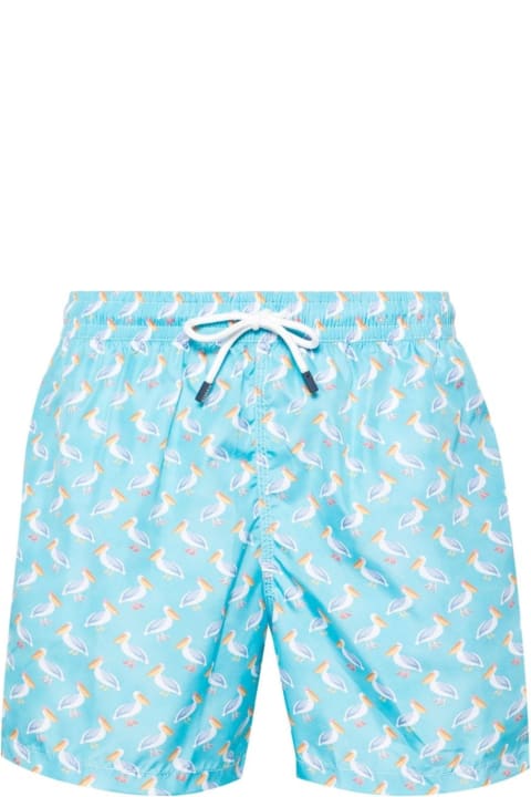 Swimwear for Men Fedeli Light Blue Swim Shorts With Pelicans Pattern