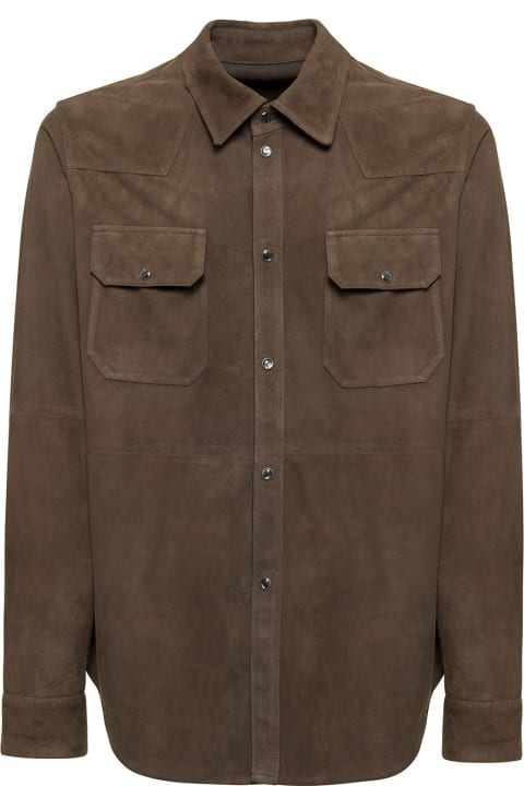 Suprema Man Brown Suede Leather Shirt With Pockets