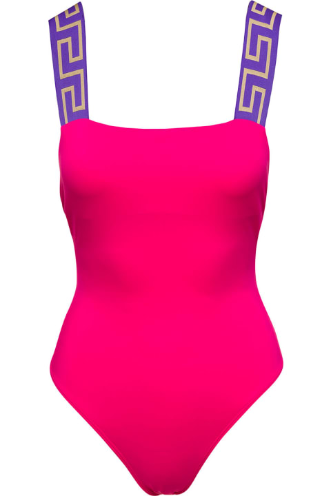 Fucsia One-piece Swimsuit Straps With Greca Motif In Polyammide Woman