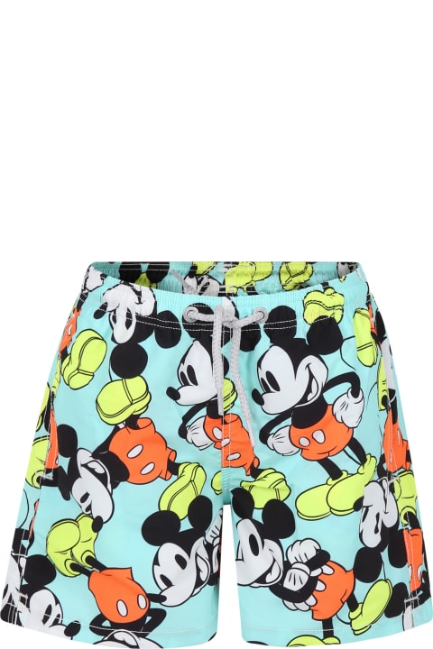 Fashion for Boys MC2 Saint Barth Green Swim Shorts For Boy With Mickey Mouse Print And Logo