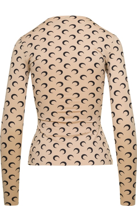Homeware Marine Serre Beige Crewneck T-shirt With All-over Crescent Moon Print In Tech Fabric Stretch Woman
