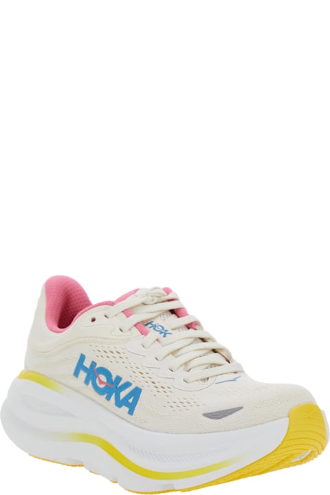 Hoka لـ Kids Hoka 'bondi 9' White Low Top Sneakers With Maxi Logo Lettering On The Side In Tech Fabric Unisex