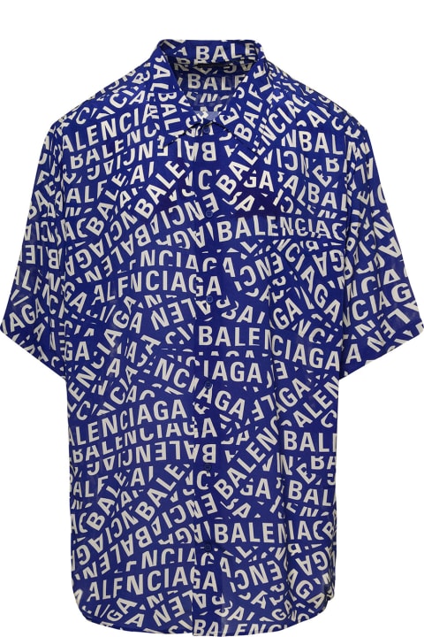 Oversized Blue Shirt With All-over Logo Lettering Print In Silk Man