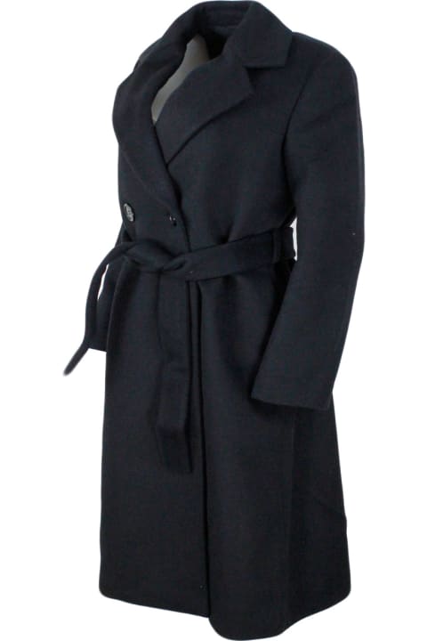 Long Coat In Double-breasted Wool Blend With Belt At The Waist.