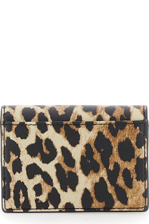 Ganni for Women Ganni Brown Card Holder With Butterfly Logo And All-over Leopard Motif In Leather Blend Woman
