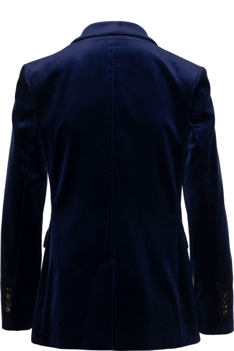 Blue Double-breasted Jacket With Peaked Revers In Stretch Cotton Velvet Woman