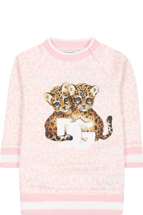 Dolce & Gabbanaのベビーガールズ Dolce & Gabbana Pink Sweatshirt For Baby Girl With Leopard Print And Logo