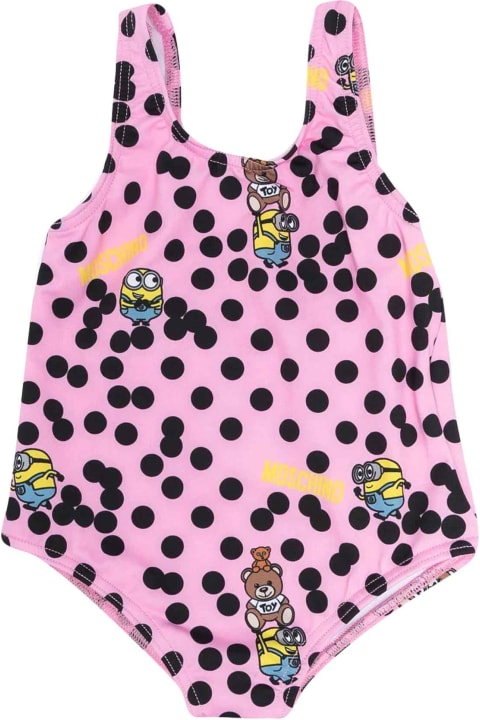 Pink Baby Girl Swimsuit, With Teddy Bear And Minions Motif, All-over Print By .
