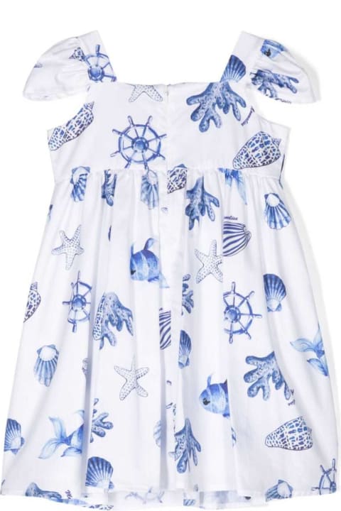 Dresses for Girls Monnalisa White And Blue Dress With Straps And Marine Print In Cotton Girl