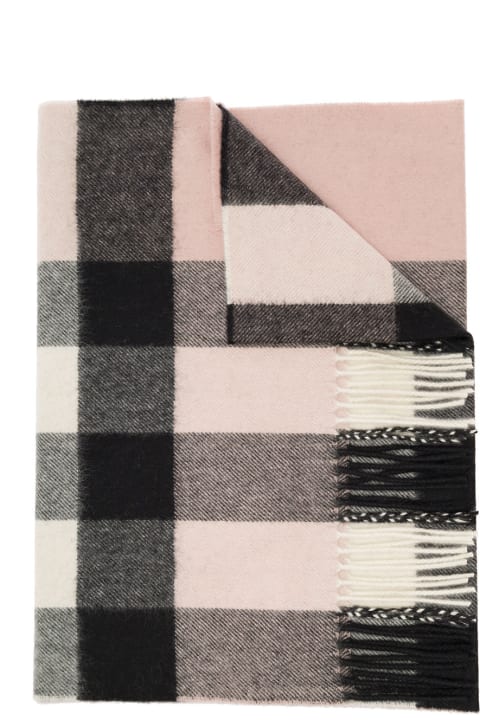 'mega Check' Beige Scarf With Fringed Hem In Cashmere Woman