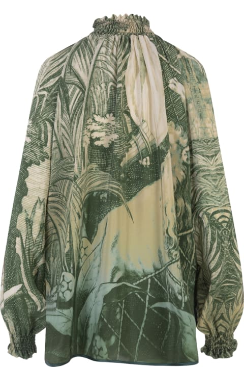 Afro Blouse In Green Silk With Lion Print