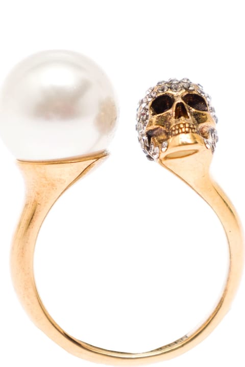 Alexander Mcqueen Woman Golden Brass Ring With Pearl And Skull