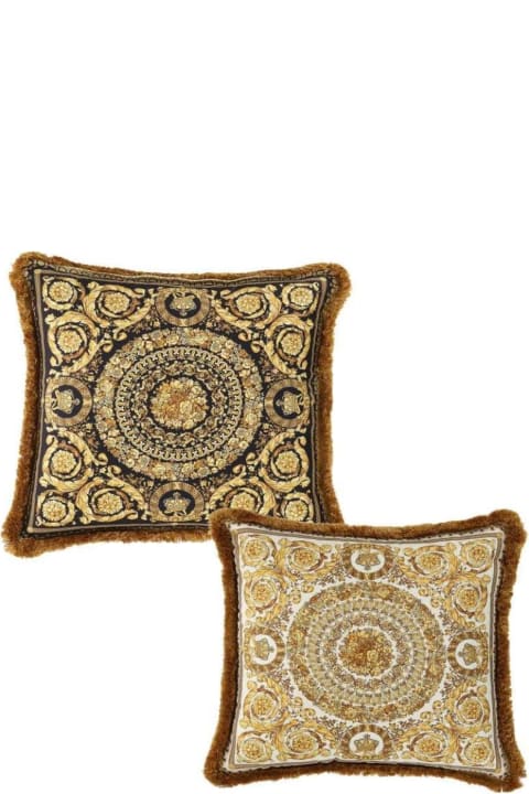 Gold, Black And White Pillow  In Silk And Synthetic Fibers With Baroque Print