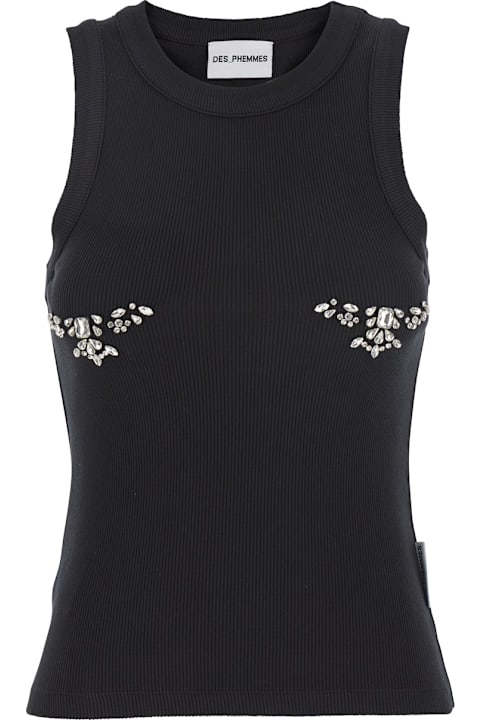 Des Phemmes Clothing for Women Des Phemmes Black Sleeveless Top With Round Neck And Front Crystal Embellishments In Cotton Stretch Woman