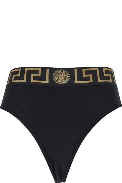Versace Underwear & Nightwear for Women Versace Slip A Vita Alta Con Dettaglio Greca E Medusa In Cotone Stretch Nero Donna