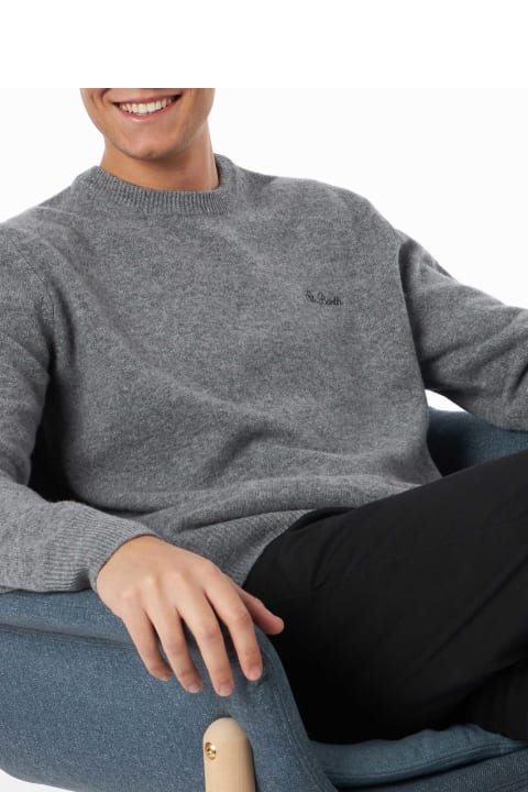 Homeware MC2 Saint Barth Man Crewneck Grey Sweater With St. Barth Embroidery
