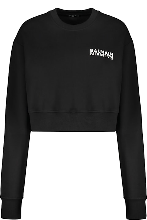 Balmain Black Cropped Sweatshirt With Logo, Casual Style