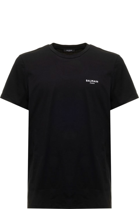 Topwear for Men Balmain Black T-shirt With Flock Logo In Cotton Man