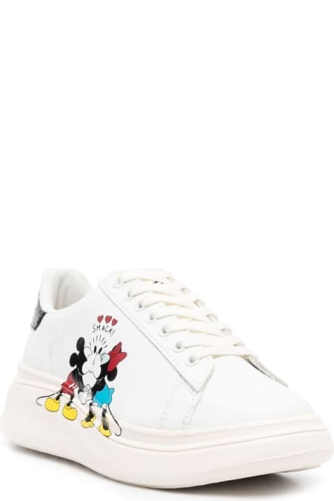 Moa Woman's White Leather Sneakers With Mickey Mouse Kiss Print