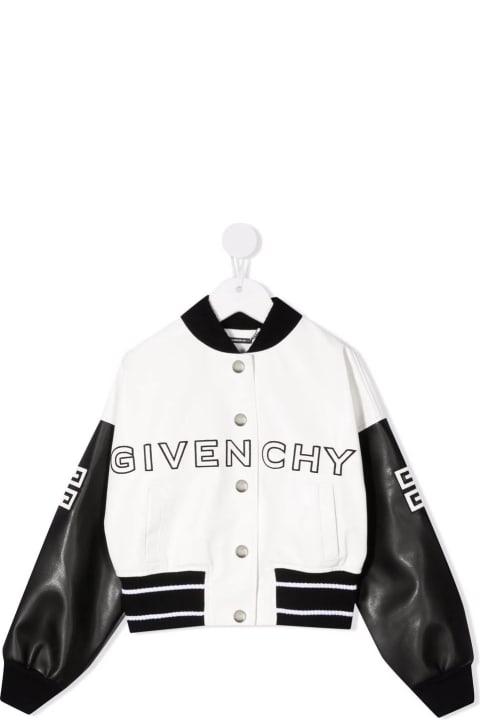 Kids Bomber Jacket In White And Black Imitation Leather With Logo And 4g Motif