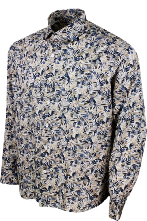 Sonrisa Shirts for Men Sonrisa Luxury Shirt In Soft, Precious And Very Fine Stretch Cotton Flower With Spread Collar In Fern Print