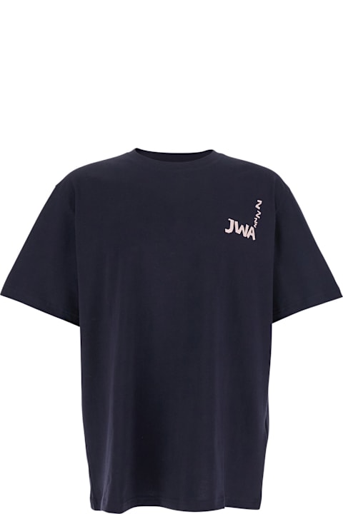 Clothing for Men J.W. Anderson Blue Crewneck T-shirt With Logo Detail On The Front And Maxi Slogan Print On The Rear In Cotton Man