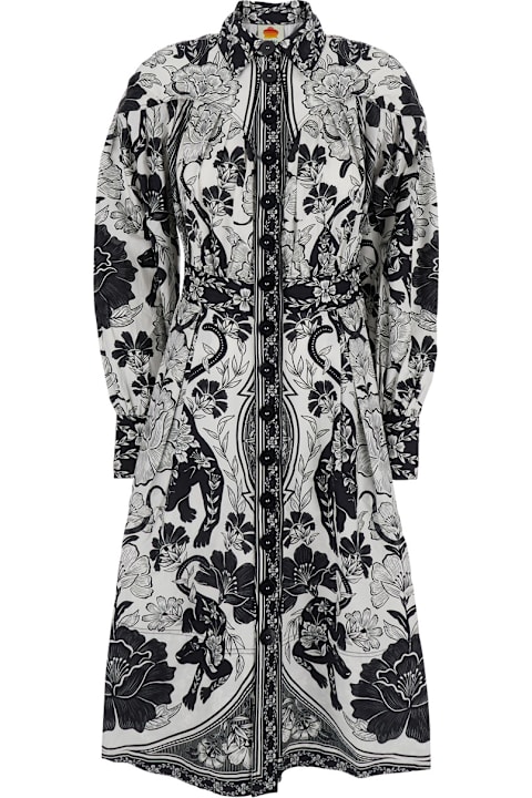 Farm Rio for Men Farm Rio Black And White Long Dress With High Neck And All-over Floral Print In Cotton Woman