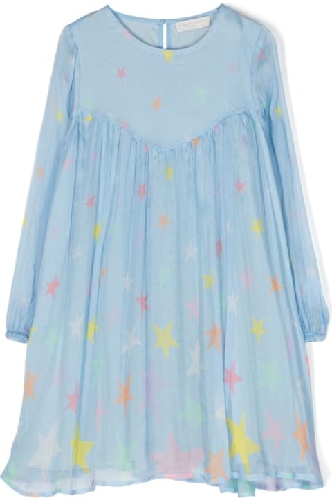 Dresses for Girls Stella McCartney Kids Light Blue Dress With Volant And All-over Star Motif In Silk Girl