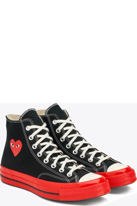 Comme des Garçons Play Sneakers for Women Comme des Garçons Play Ct70 Hi Top Red Sole Shoes Converse collaboration Chuck Taylor 70s black canvas sneaker with red sole.