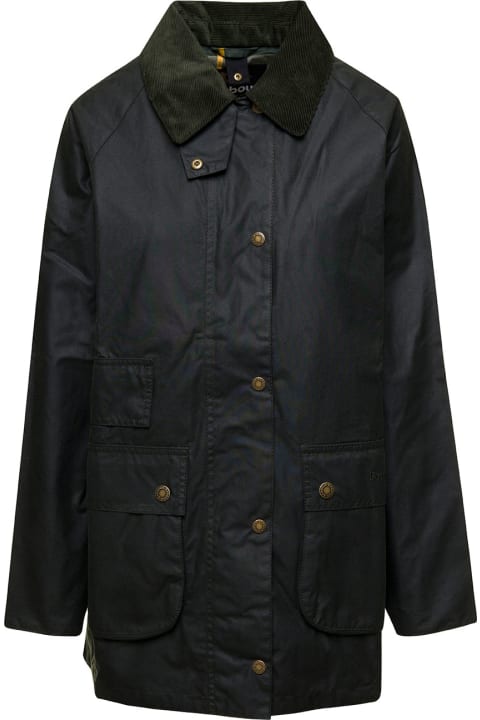 Dark Green Jacket With Multi-pockets And Collar In Waxed Cotton Woman