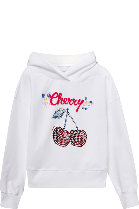 White Hoodie With Rhinestone Embellishment In Stretch Cotton Girl