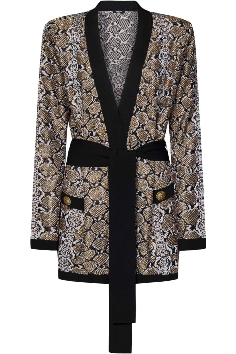 Sweaters for Women Balmain Glittered Python Knit Belted Cardigan