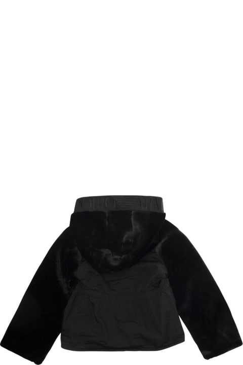 Emporio Armani ملابس علوية لـ بنات Emporio Armani Black Hooded Jacket With Logo Lettering Detail In Fur Girl