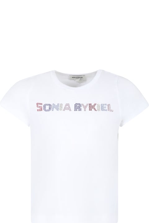 Rykiel Enfant T-Shirts & Polo Shirts for Girls Rykiel Enfant White T-shirt For Girl With Logo And Rhinestone