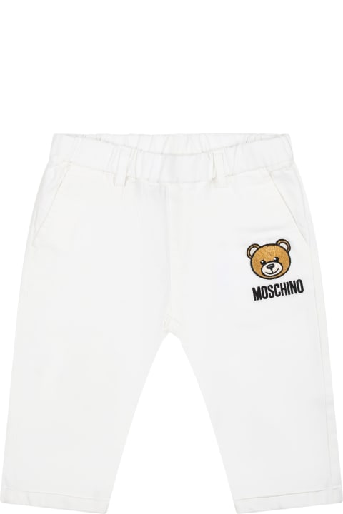 Bottoms for Baby Girls Moschino White Trousers For Baby Boy With Teddy Bear And Logo