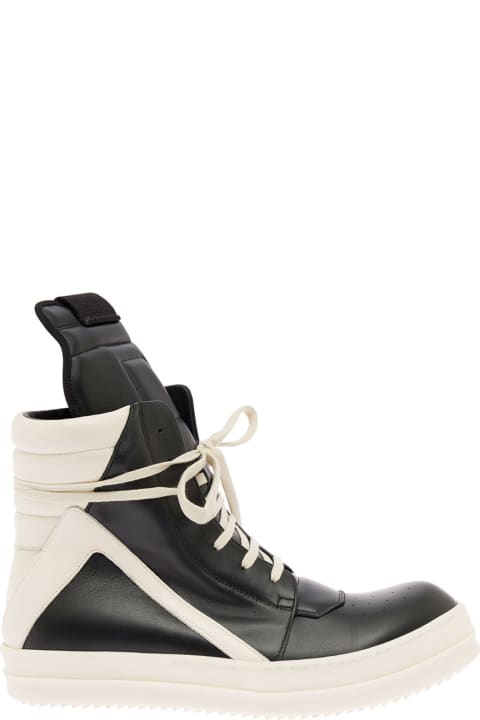 Rick Owens Man's Geobasket White And Black Leather Sneakers